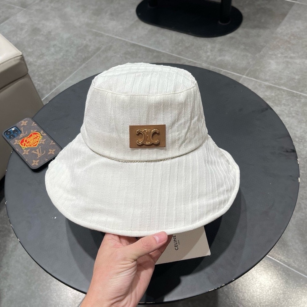 CELINE White Textured Bucket Hat Triomphe Metal Logo